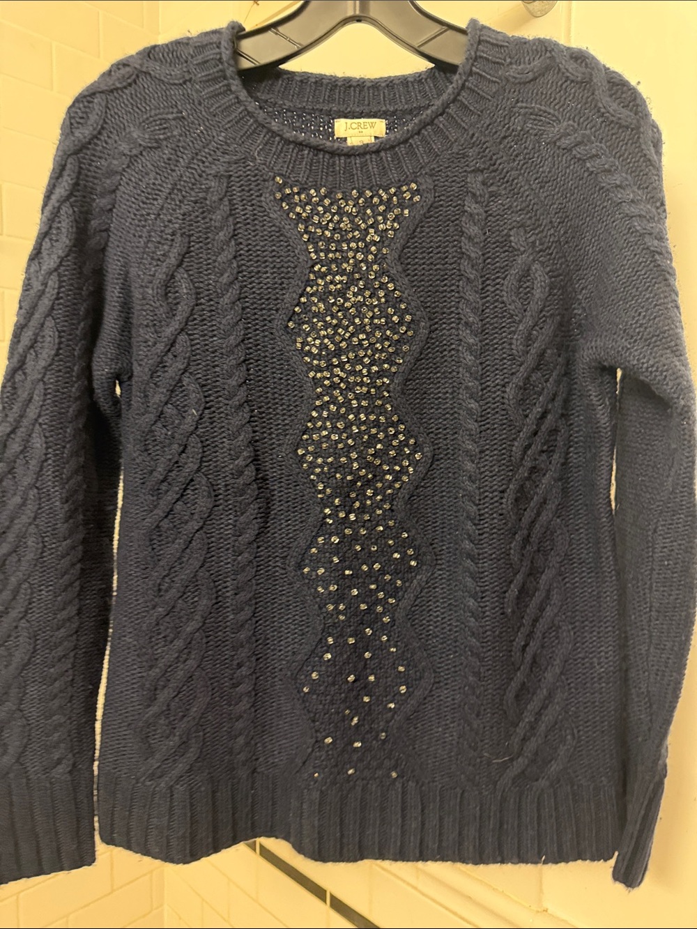 J. Crew Navy Cable Knit Crewneck Sweater with Beaded Front - New w/o tags.